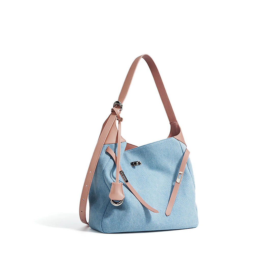 ショルダートートバッグ 牛革 デニム ライトピンク ワインレッド