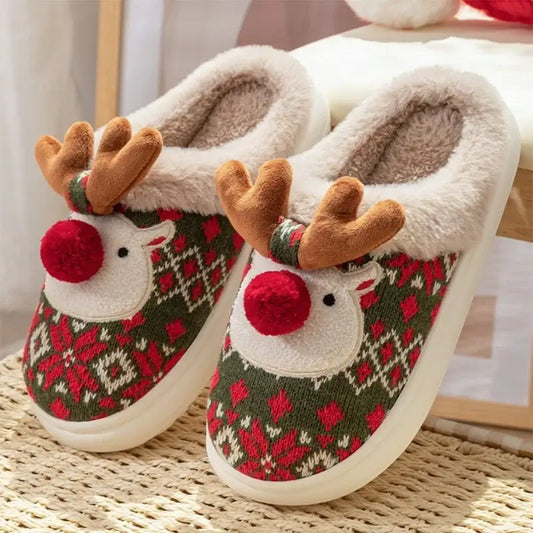 可愛いクリスマスのぬいぐるみスリッパ 冬用 トナカイ  滑り止め付き フロア・ベッドルーム・ホームスリッパ 女性用 ふわふわルームシューズ - ルクスシャル Luxe Char