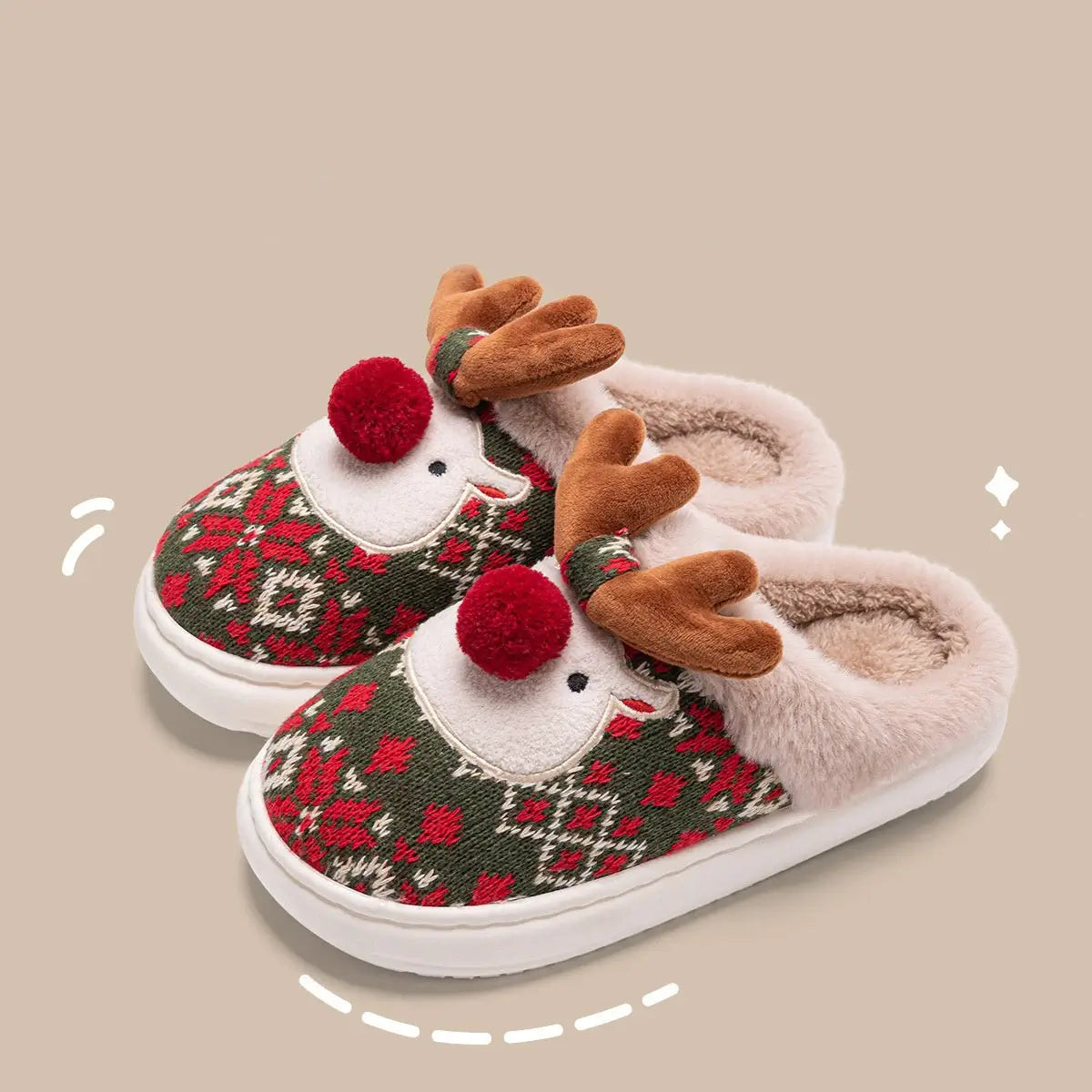 可愛いクリスマスのぬいぐるみスリッパ 冬用 トナカイ  滑り止め付き フロア・ベッドルーム・ホームスリッパ 女性用 ふわふわルームシューズ - ルクスシャル Luxe Char