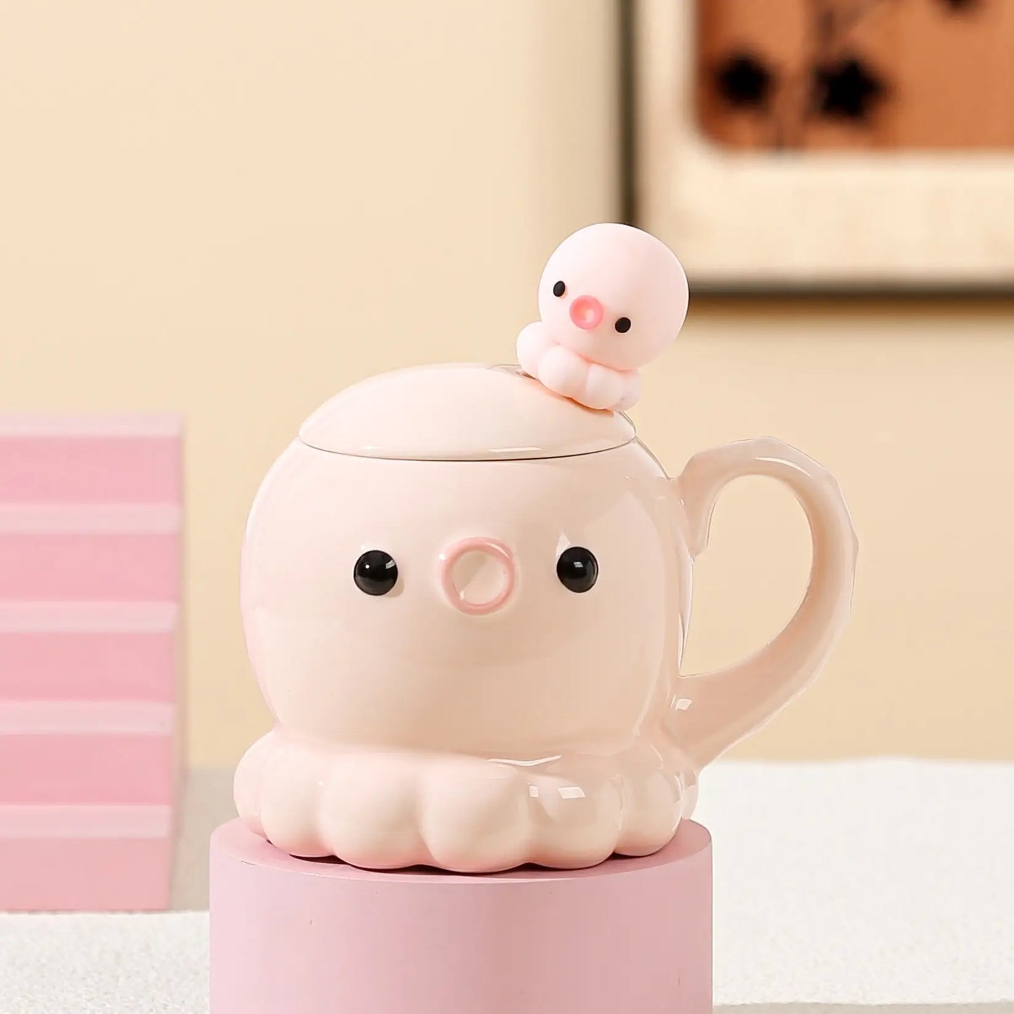 タコ セラミックカップ コーヒーカップ 誕生日プレゼント カバー&スプーン付き ピンク