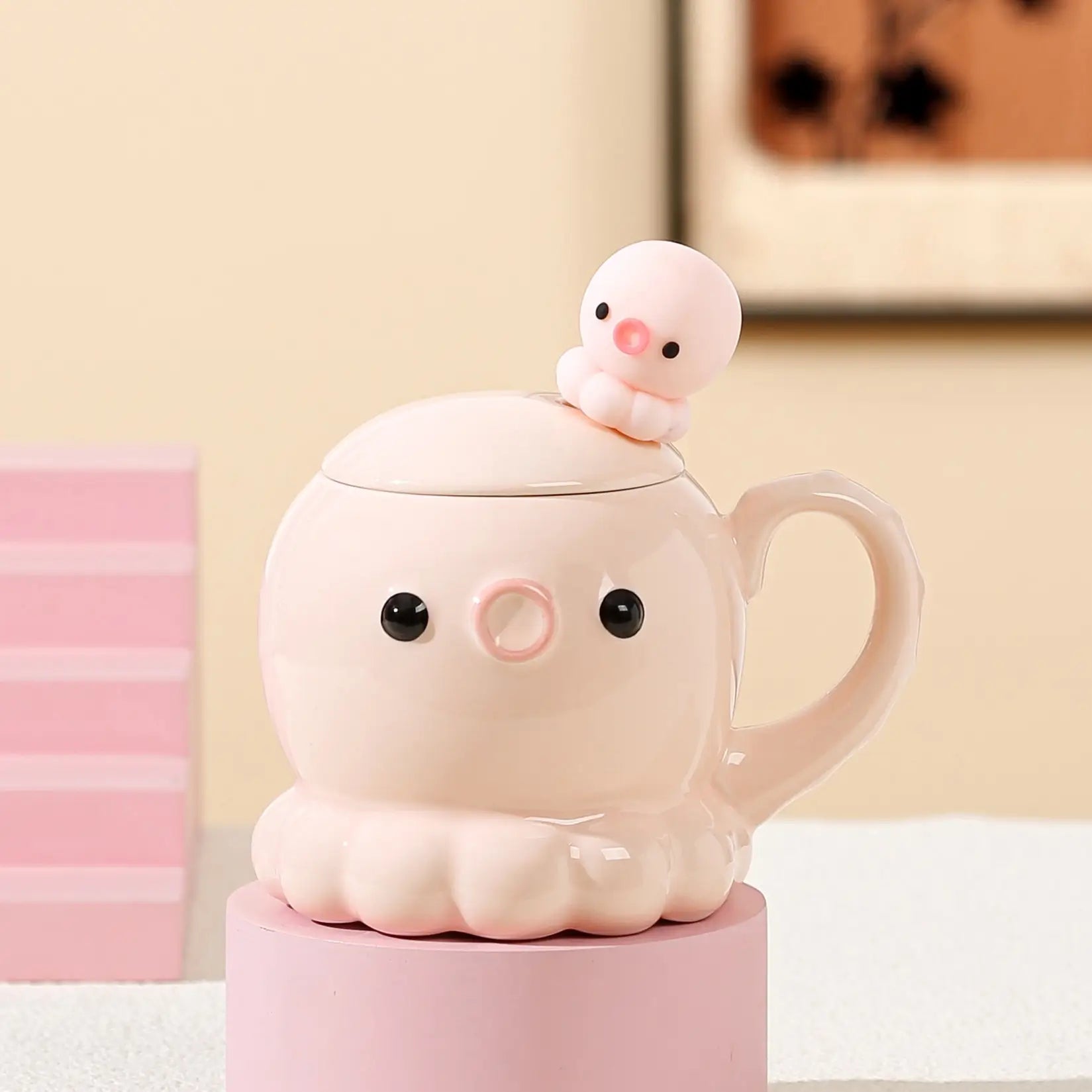 タコ セラミックカップ コーヒーカップ 誕生日プレゼント  カバー&スプーン付き ピンク