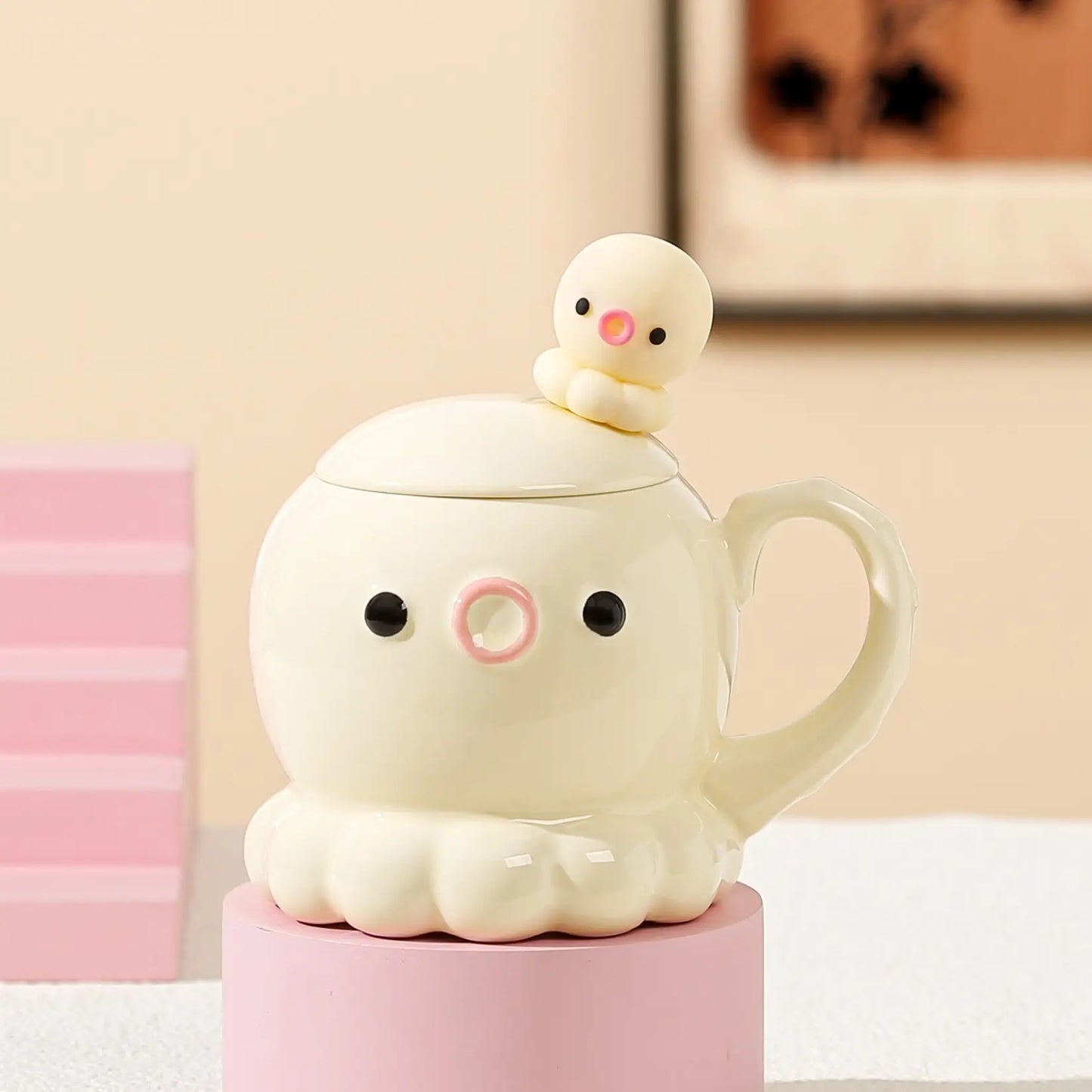 タコ セラミックカップ コーヒーカップ 誕生日プレゼント カバー&スプーン付き イエロー