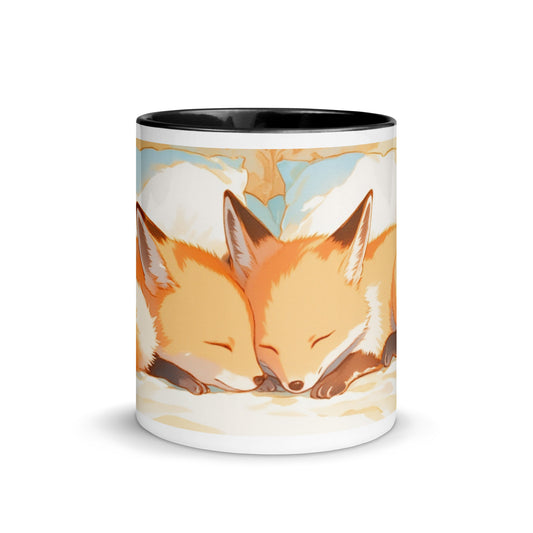 A sleeping fox inside a black mugcup